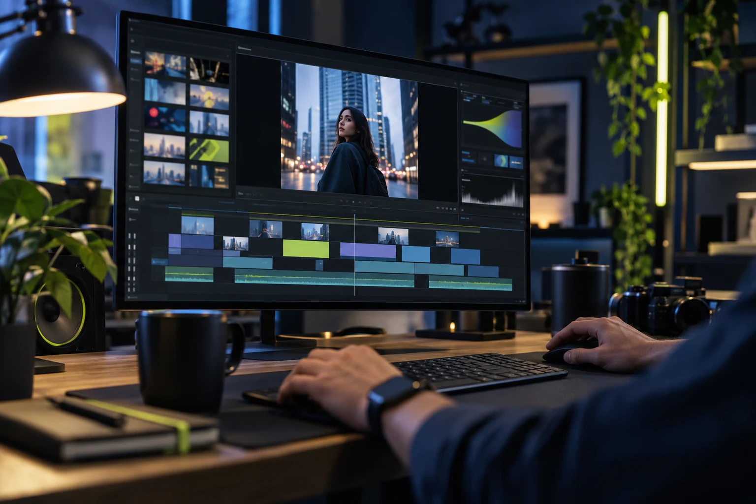 Video editing workstation with portrait footage and an editing timeline